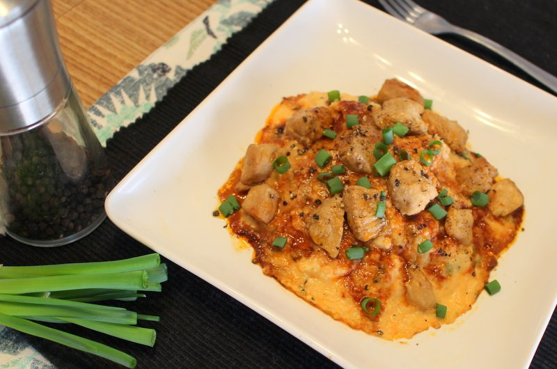 Spicy Sriracha Chicken over Roasted Poblano Grits