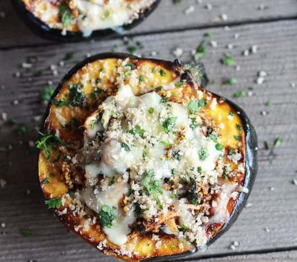 Chipotle Chicken Stuffed Brown Sugar Roasted Acorn Squash