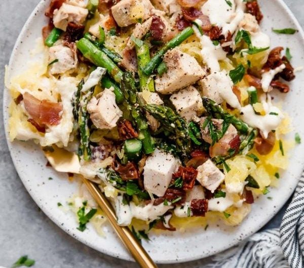 creamy chicken spaghetti squash with bacon and asparagus