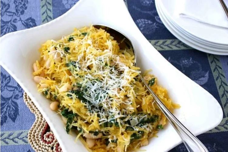 spaghetti squash with spinach feta and basil white beans